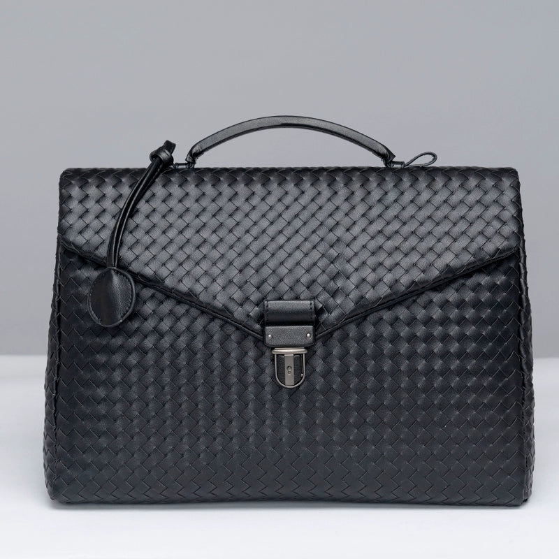 x&bv公文包男真皮商务手提包翻盖横款手拎包休闲编织男包电脑包大