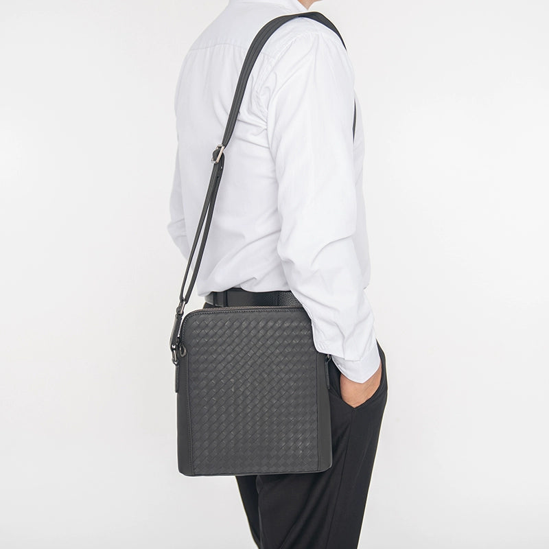 X&BV男包单肩包男士斜挎包商务休闲编织双拉链真皮包包背包男竖款