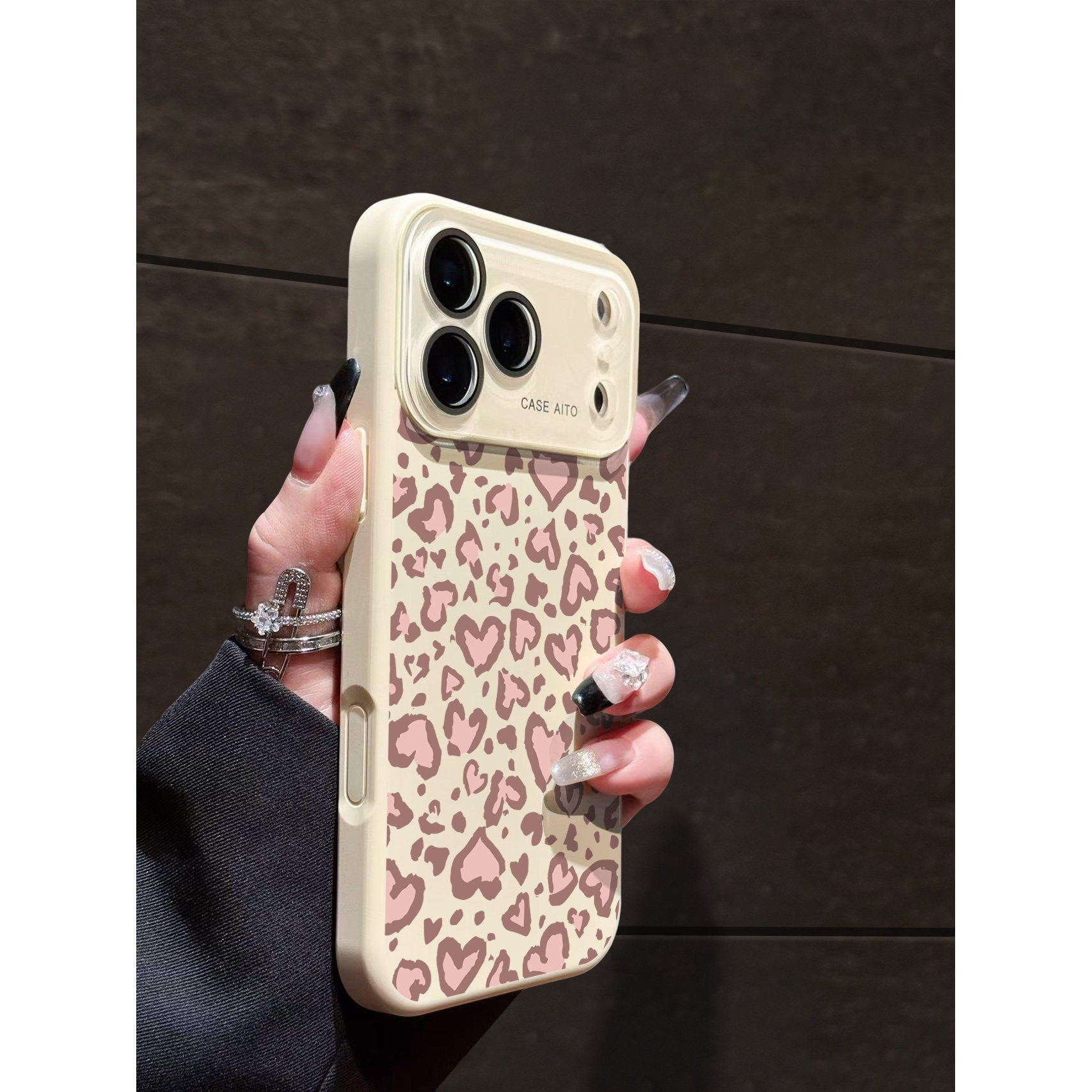 豹纹粉色爱心跨境液态大视窗适用苹果17Promax手机壳iPhone16硅胶