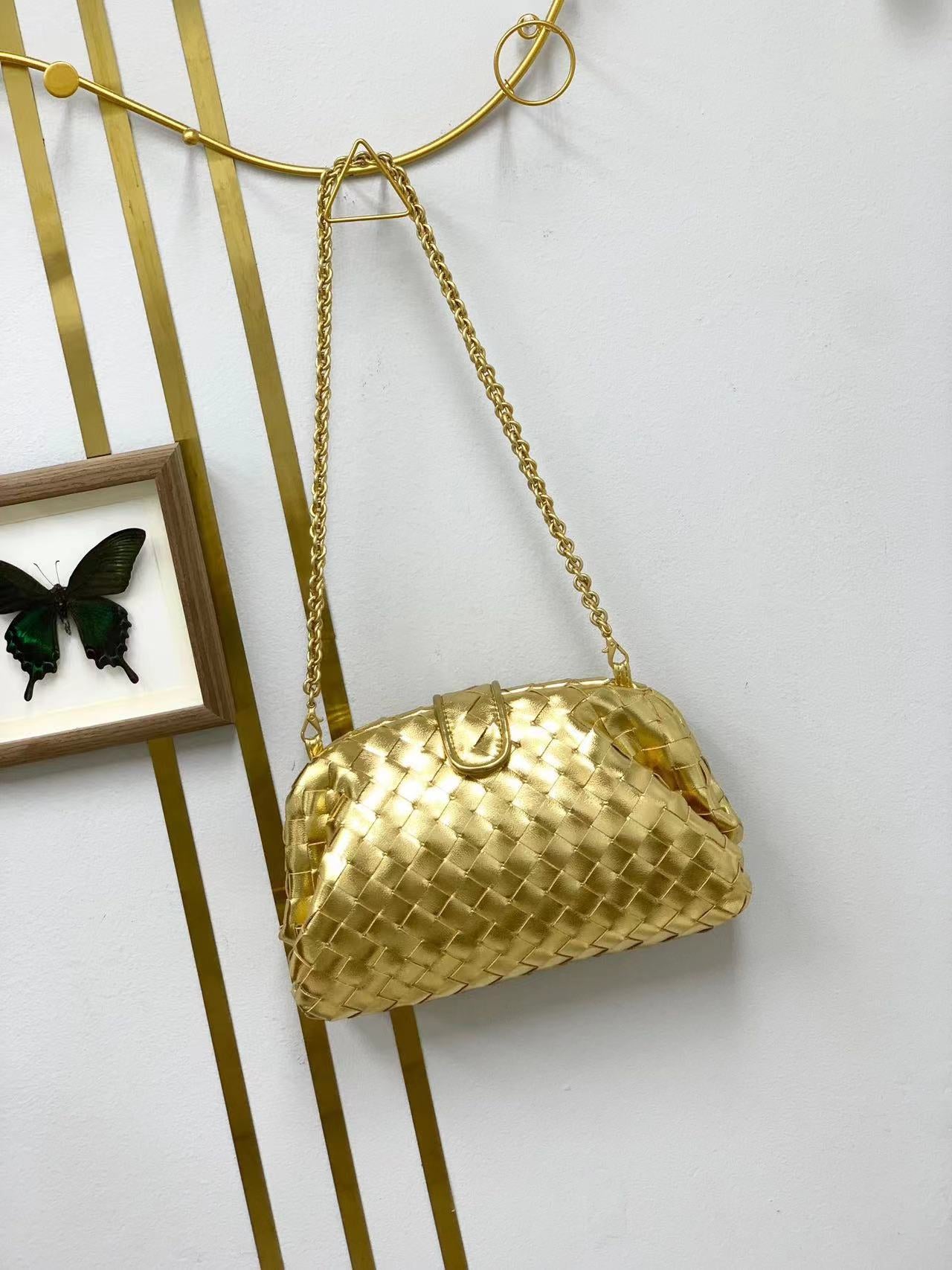 新款链条编织云朵包牛皮单肩腋下手拿包夹子包真皮女包潮流时尚单