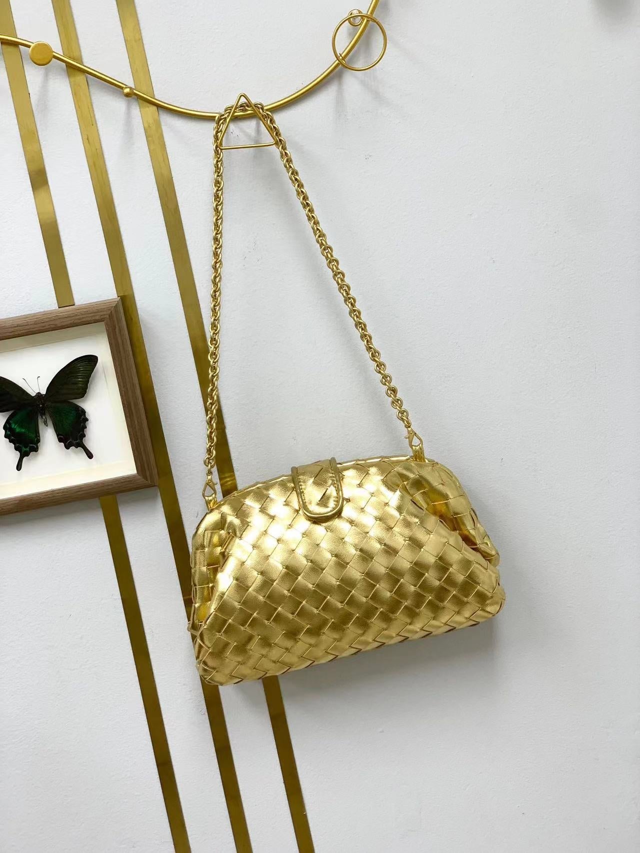 新款链条编织云朵包牛皮单肩腋下手拿包夹子包真皮女包潮流时尚单