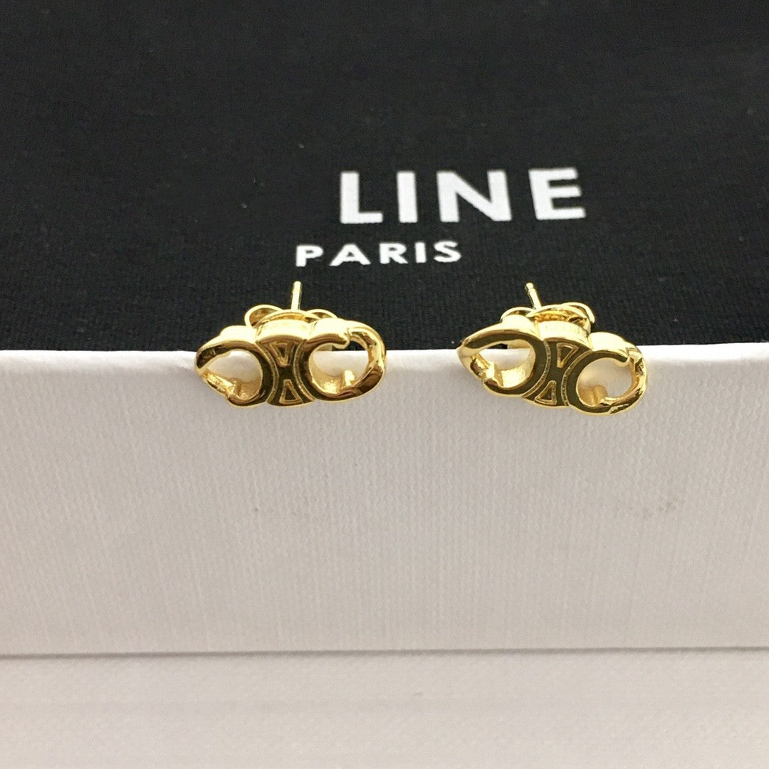 CEL风22新款凯旋门耳钉女高级感光面气质黄铜镀24K厚金银针耳环