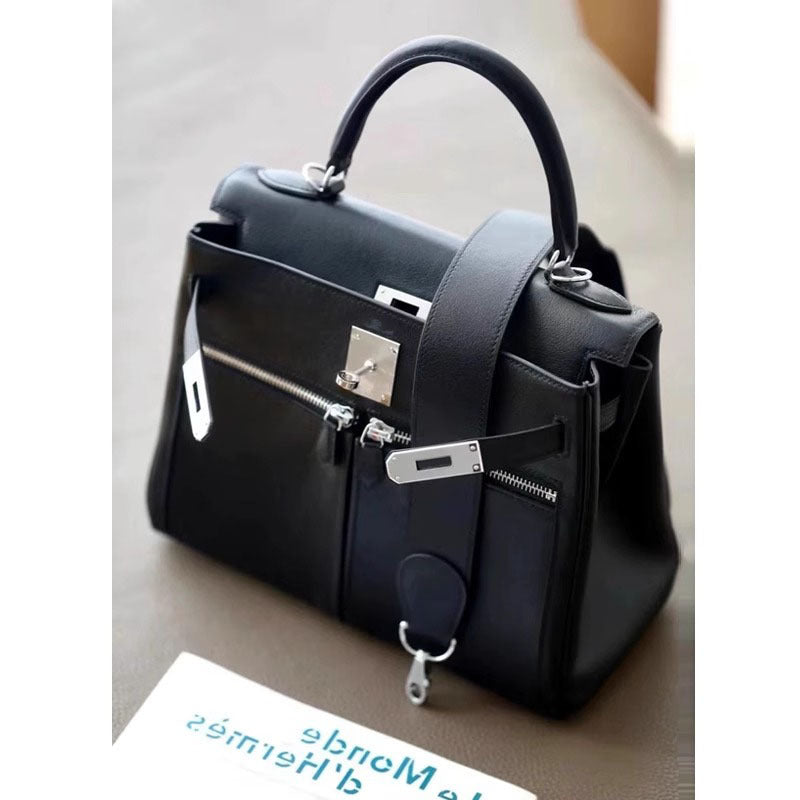 百搭通勤单肩斜挎包宽肩带凯莉包手提包真皮大容量单肩斜挎包女