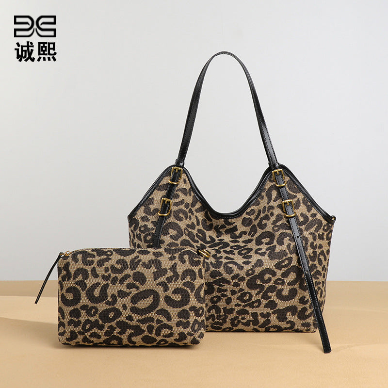 网红时尚高级感大容量托特包豹纹手提子母包潮流百搭单肩腋下女包