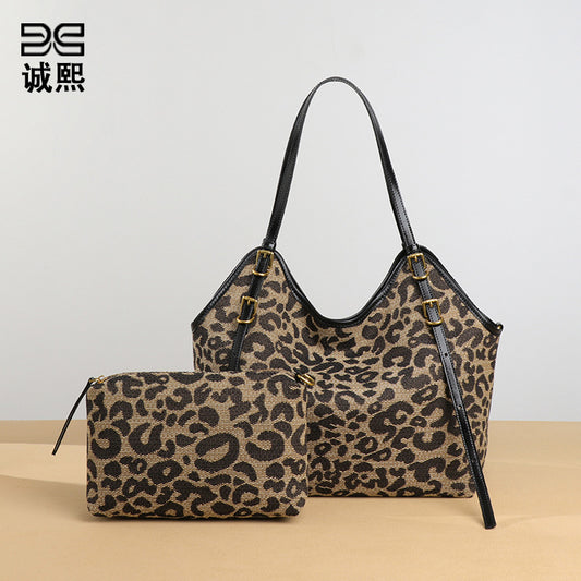 网红时尚高级感大容量托特包豹纹手提子母包潮流百搭单肩腋下女包