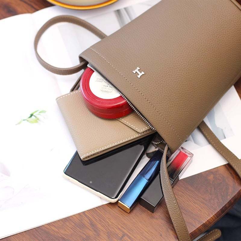 软头层牛皮托特水桶包简约高级时尚真皮单肩斜挎拉链小包包女包潮