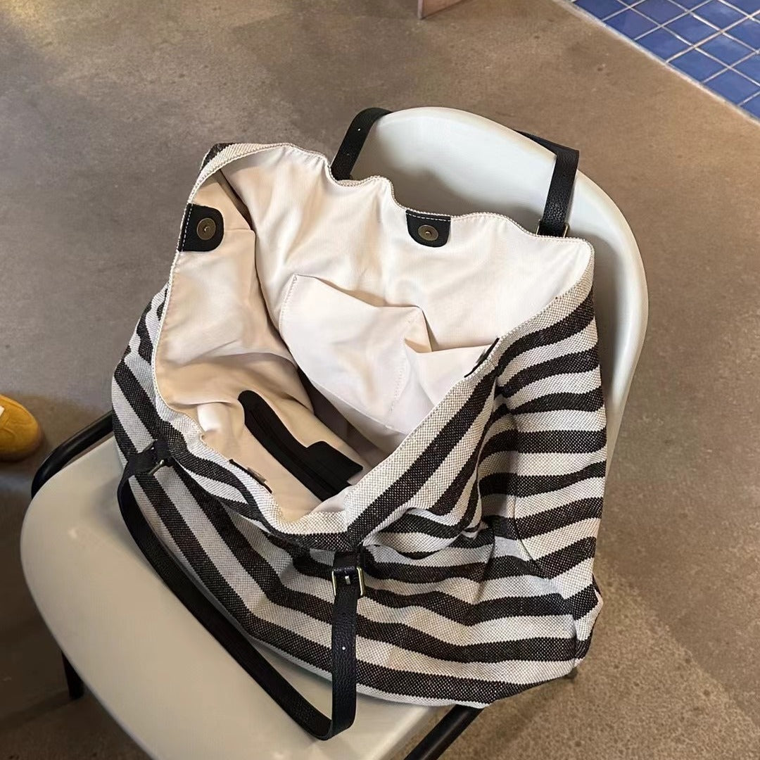 网红同款包包女士2024新款大容量条纹棉麻牛皮单肩托特包手提大包