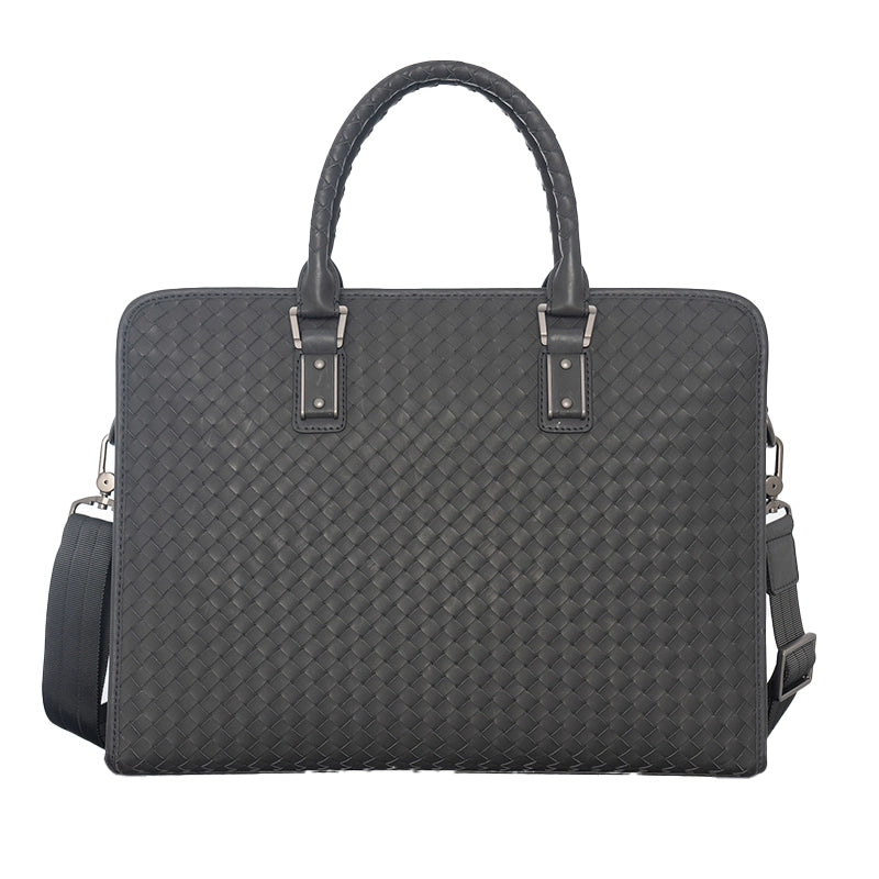 X&BV公文包男商务真皮手提包男士单肩斜挎包横款编织青年休闲包包