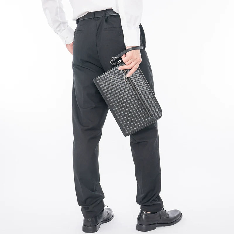 X&BV手拿包男真皮休闲大容量编织平板ipad包文件信封手包男商务潮