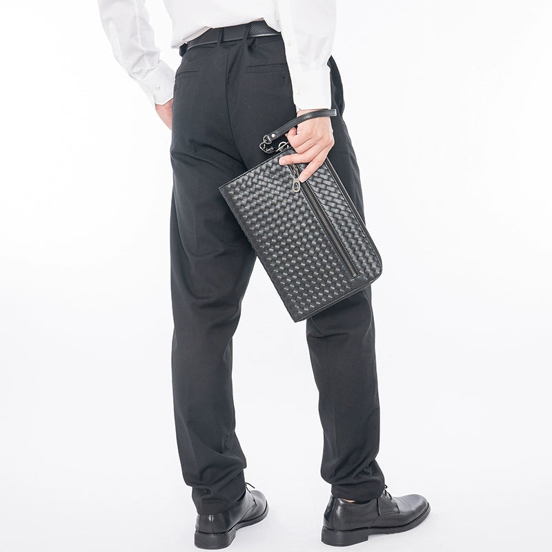 X&BV手拿包男真皮休闲大容量编织平板ipad包文件信封手包男商务潮