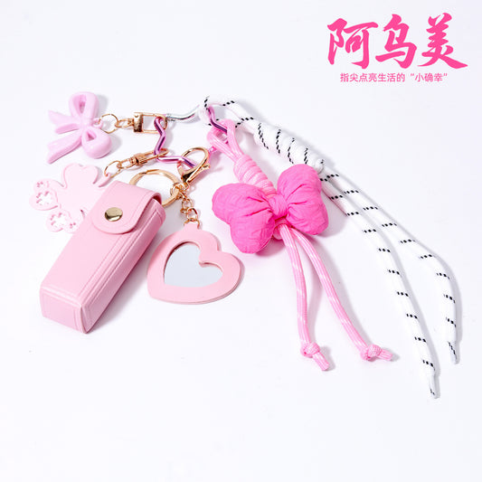 粉色口红皮套亚克力蝴蝶结包挂包包挂件批发miu系包挂绳子配饰