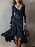 亚马逊独立站2025跨境新款欧美礼服法式V领长袖皮带连衣裙女