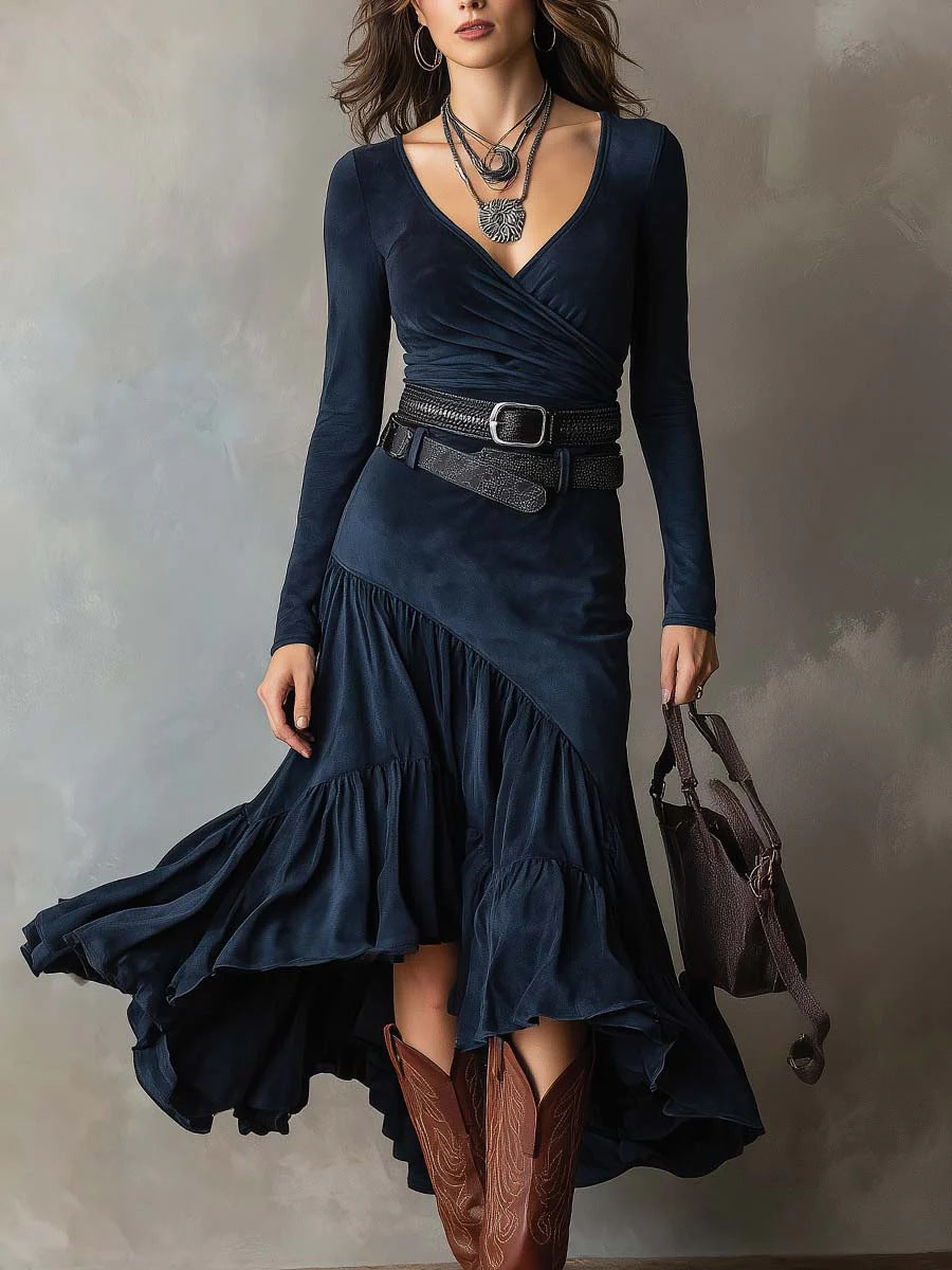 亚马逊独立站2025跨境新款欧美礼服法式V领长袖皮带连衣裙女