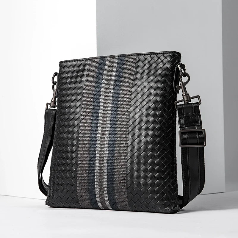 X&BV单肩包男真皮休闲男士斜挎包新潮竖款时尚牛皮编织男包小背包
