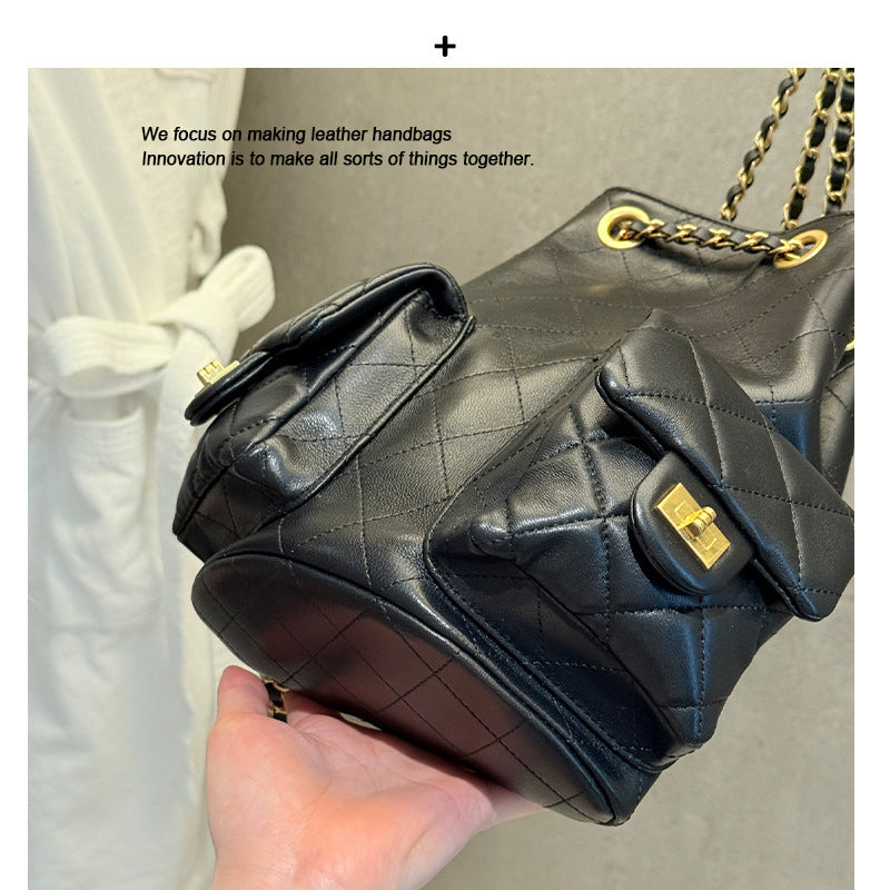 复古双肩包包2025新款抽带菱格手提包小书包女包单肩包包