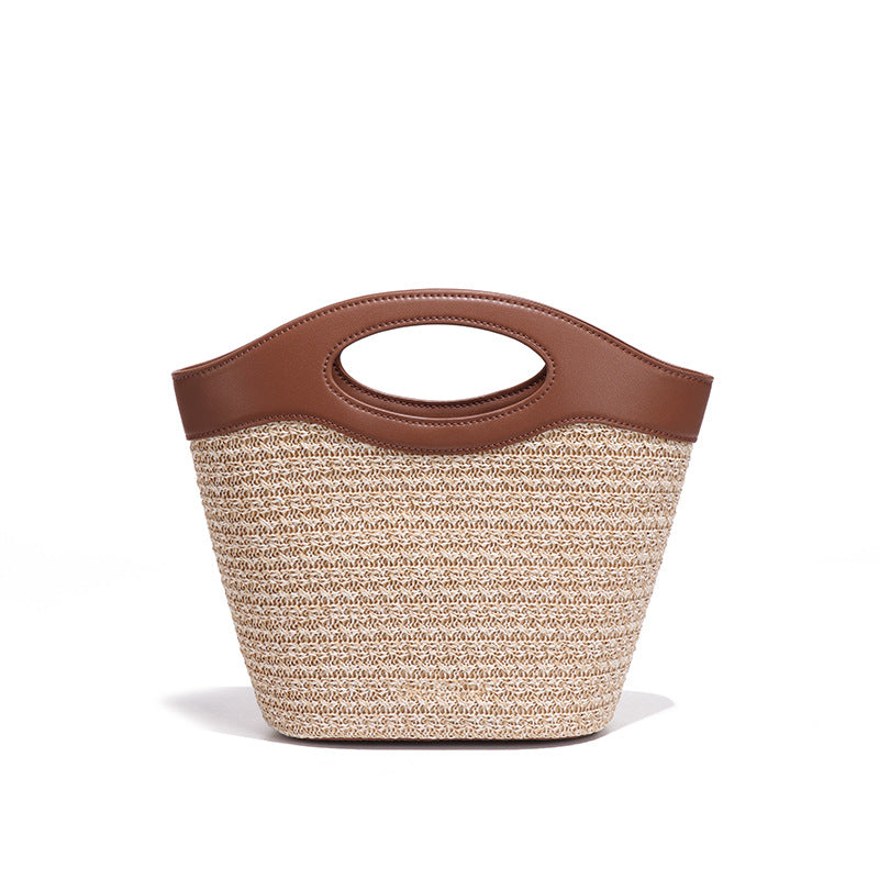 2025新款春夏流行假日沙滩包女撞色斜挎包质感手提水桶编织草编包