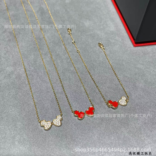 高版本v金双葫芦满钻项链红玛瑙白贝母玉髓轻奢国风吊坠锁骨链女