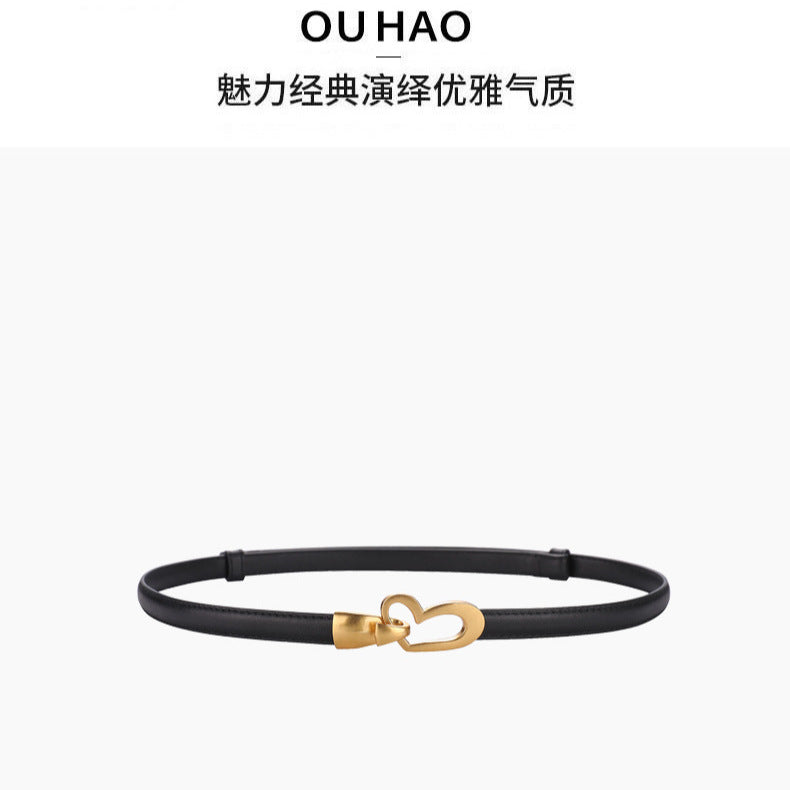 新款头层牛皮小皮带女士百搭装饰金色裙子可调节腰链腰带女款