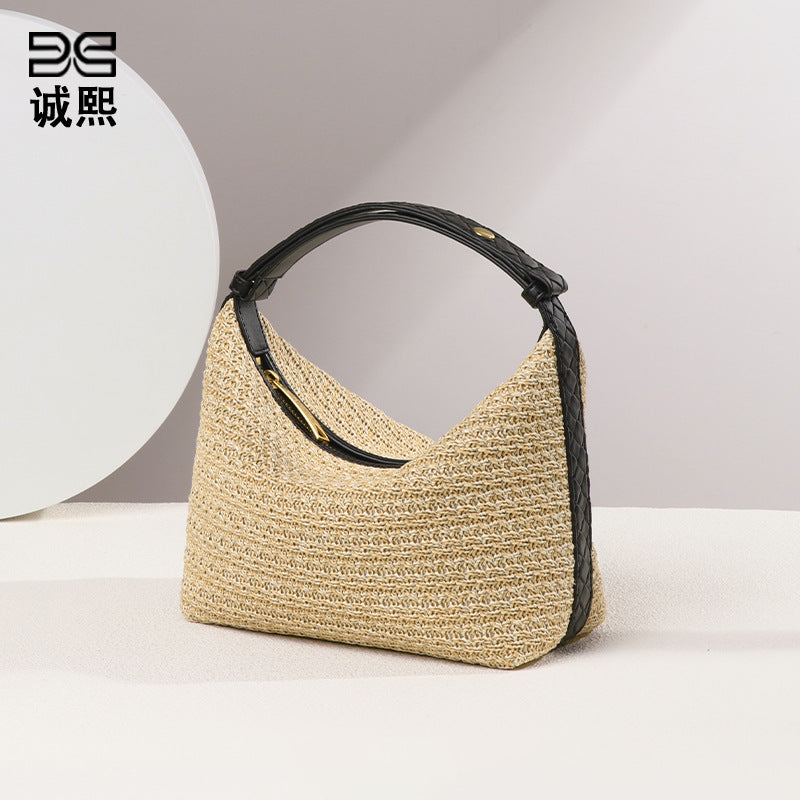 小众设计法式优雅百搭拉菲草编手拎饭盒包单肩腋下女包度假沙滩包