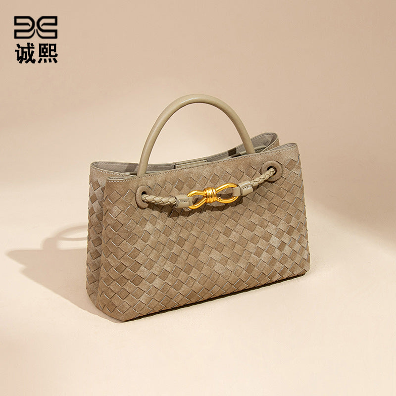 跨境新款手工编织包包横款磨砂麂皮绒手提女包复古潮流单肩斜跨包