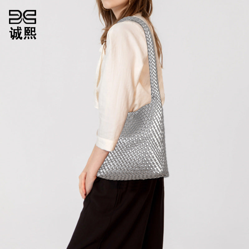 欧美风潮流单肩托特包时尚简约手工编织包包软皮大容量子母腋下包