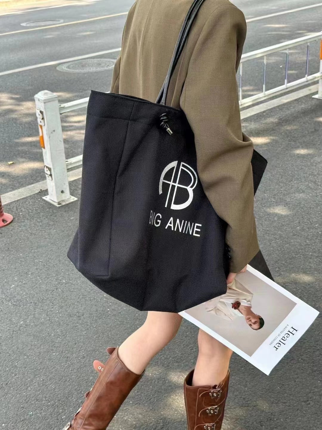 大容量托特包高品质子母印花棉麻帆布真皮手拎袋度假帆布袋文艺包