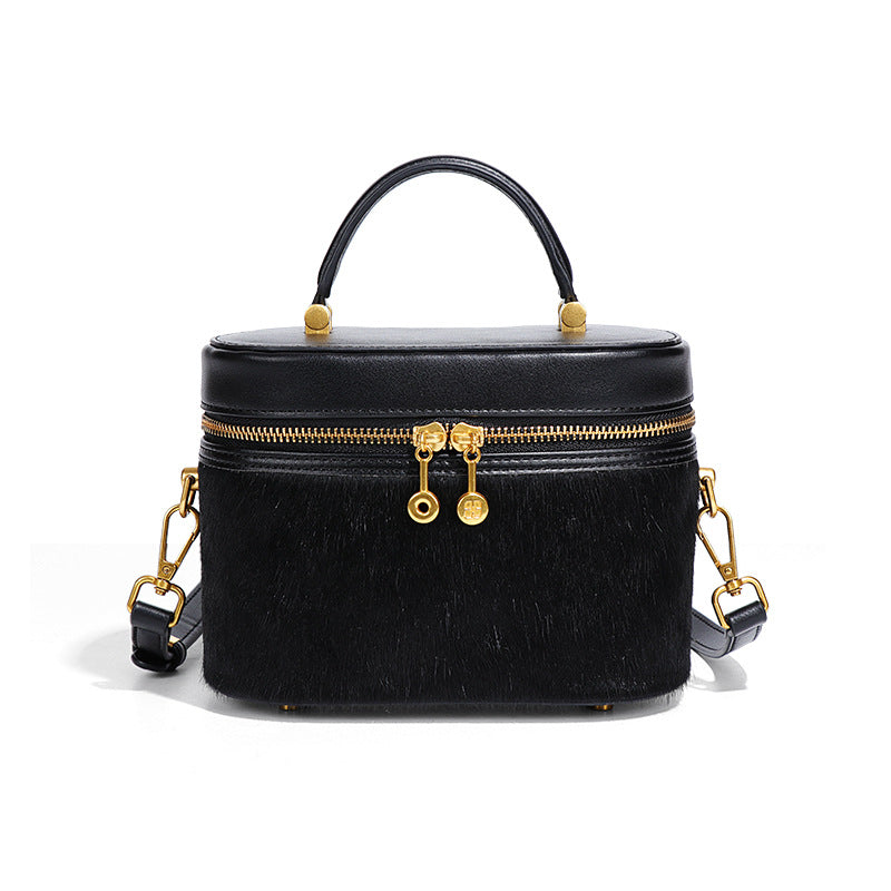 复古真皮马毛手拎化妆盒子包时尚豹纹新款单肩包小众百搭斜挎女包