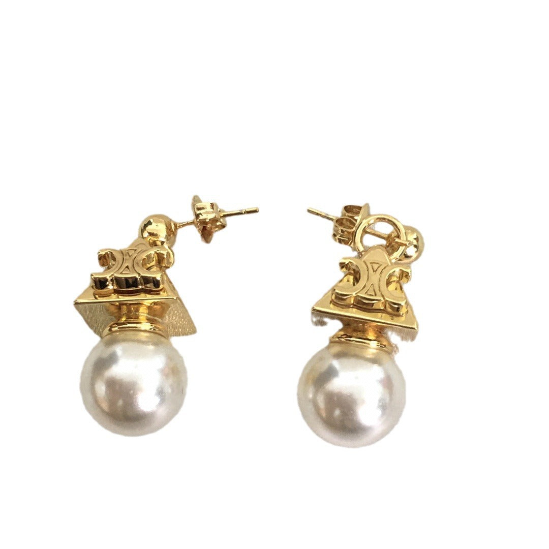 赛家新款宝塔凯旋门珍珠耳钉女高级感个性气质光面三角形耳环