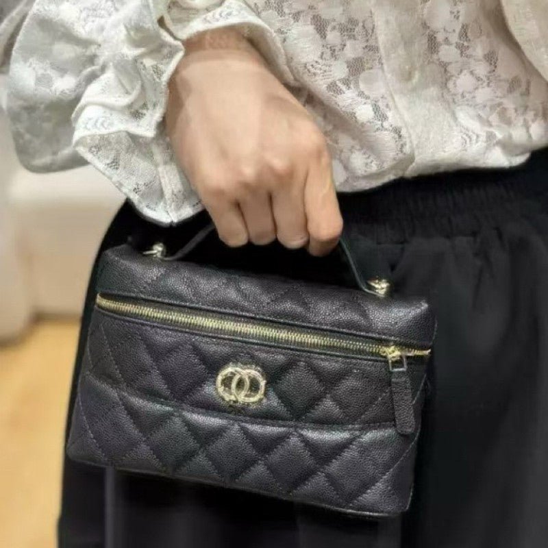 小香风25C春夏化妆盒子包牛皮菱格链条LP形手拿斜跨包新款潮流