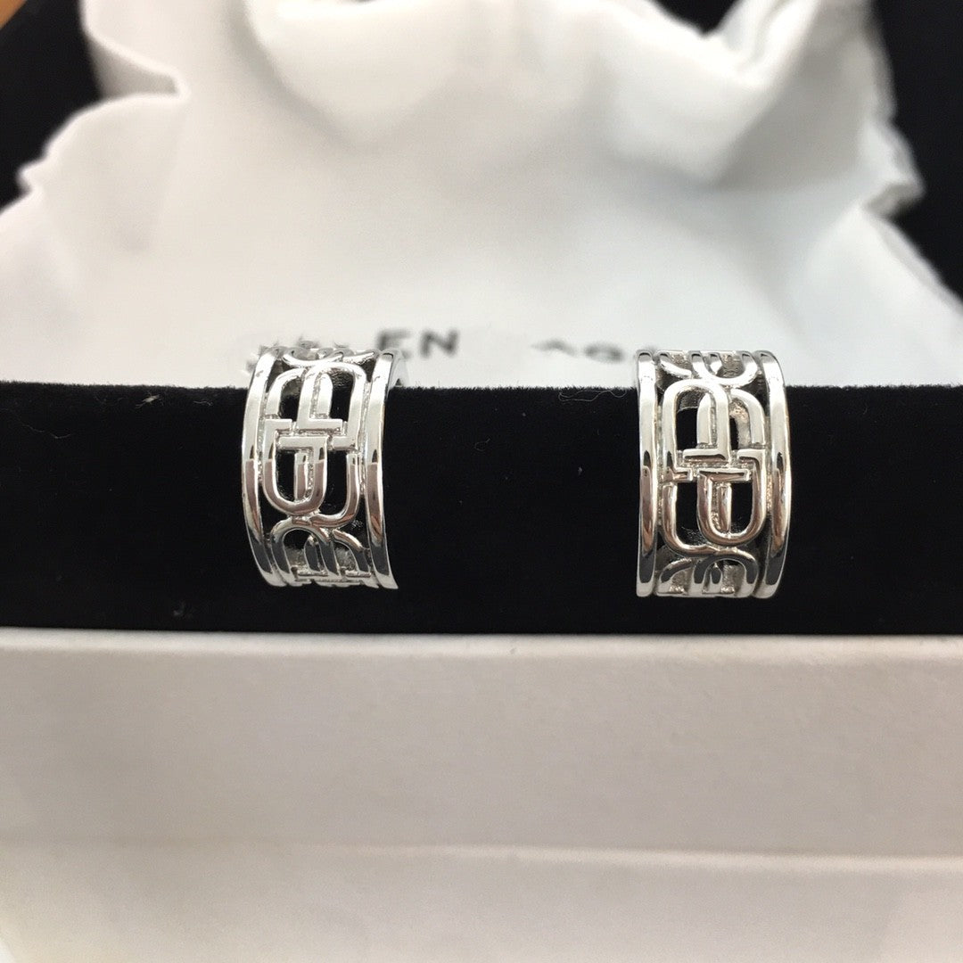 B家21新款C形耳钉女双B耳饰高级感气质小众耳饰光面镀金字母耳环