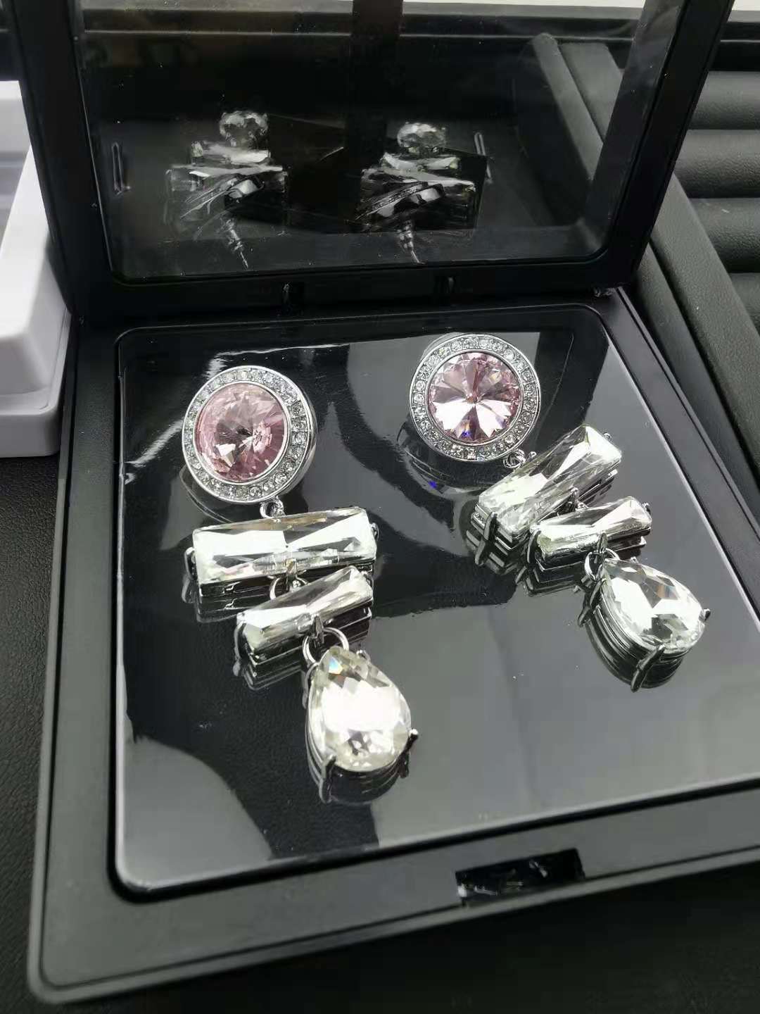 缪家新款粉色水晶耳坠欧美法式水晶钻石长款水滴个性耳环耳坠女