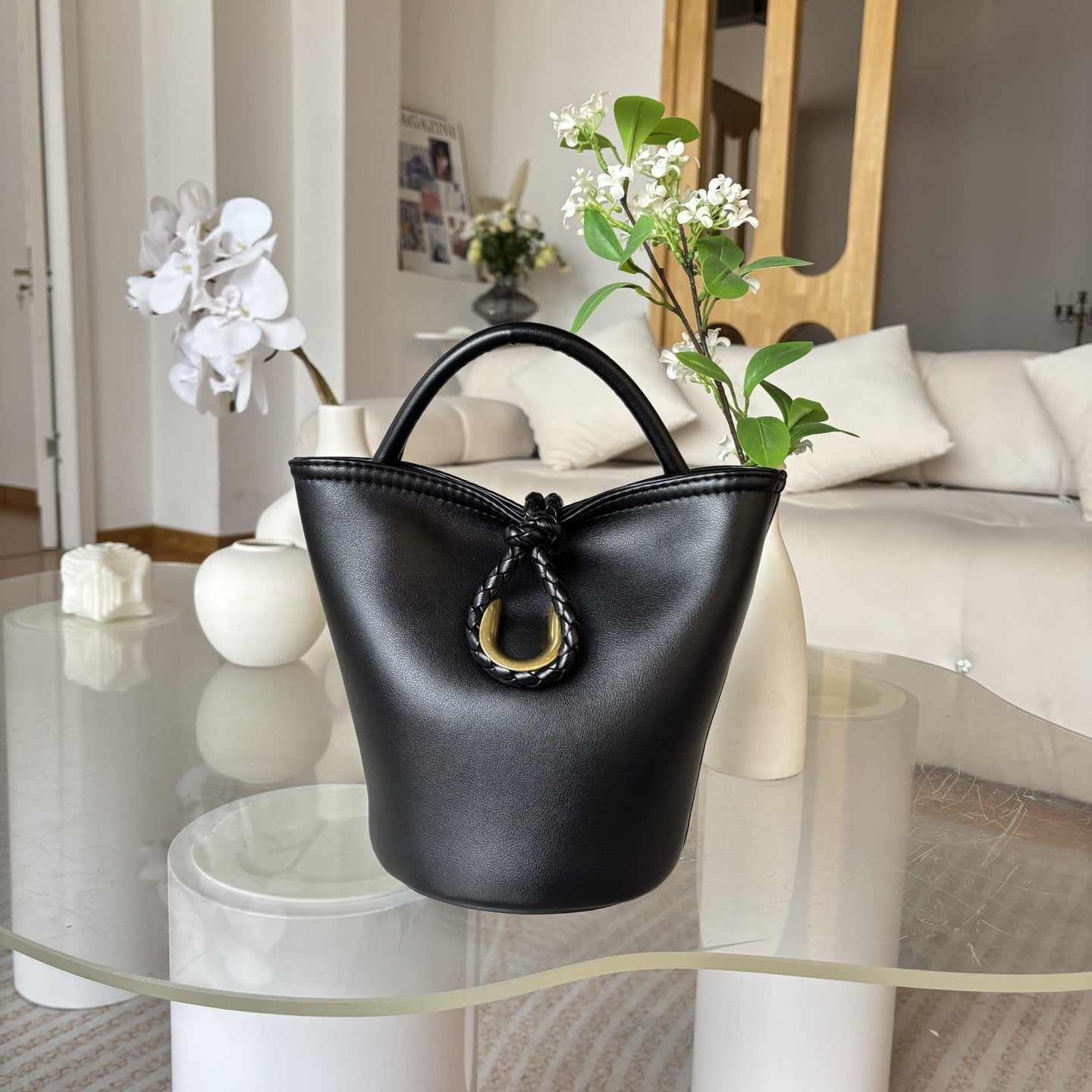 2025新款跨境编织绳结水桶包真皮手拎菜篮子包单肩斜挎小包包女