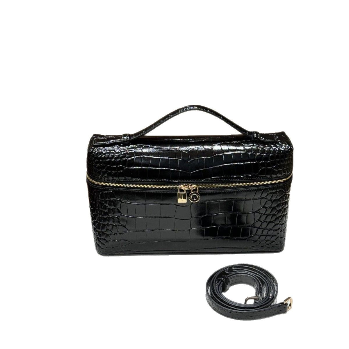 头层牛皮LP27饭盒包女高级感鳄鱼纹手提凯莉包2025新款单肩化妆包