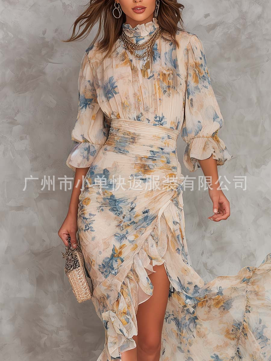 2026新款法式泡泡袖印花修身长裙欧美跨境时尚雪纺荷叶边连衣裙