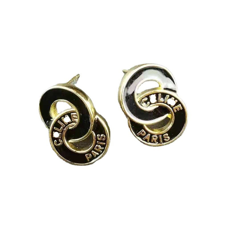 赛家新款法式8字母圆圈耳环黑白滴胶双圈复古双环耳钉时髦耳饰