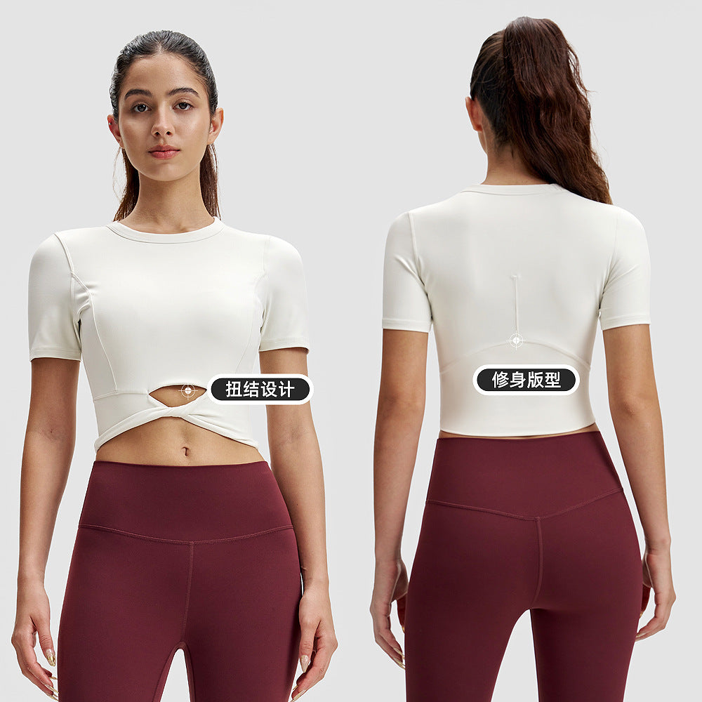 修身瑜伽T恤女lulu短款下摆扭结短袖高弹力露脐运动衫健身服上衣