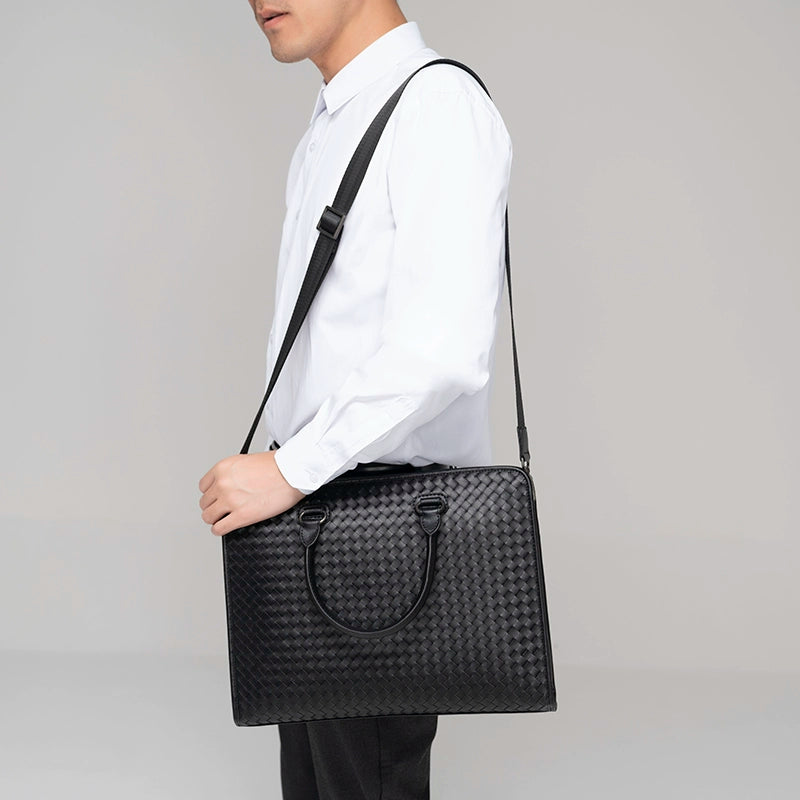 x&bv公文包男商务手提包男士真皮电脑包牛皮编织男包单肩斜挎包大