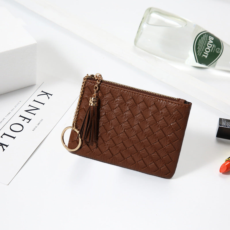 批发定制编织银币零钱包小巧轻便百搭卡包钥匙扣流苏拉链短款钱包