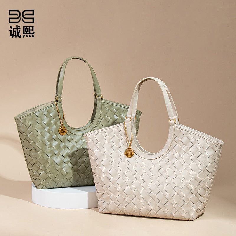 简约大容量通勤菜篮子手拎女包手工编织包休闲百搭纯色子母托特包