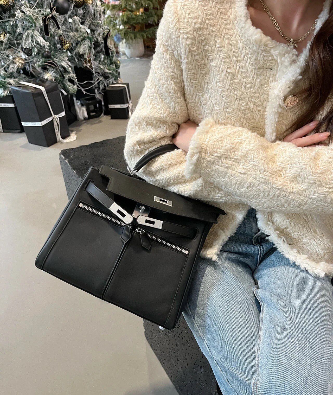 百搭通勤单肩斜挎包宽肩带凯莉包手提包真皮大容量单肩斜挎包女