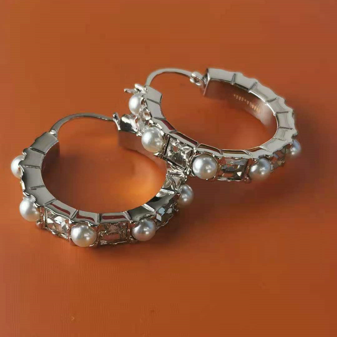 缪家新款耳环女圆圈镶钻珍珠耳圈高级感港风耳饰方钻珍珠圆形耳圈