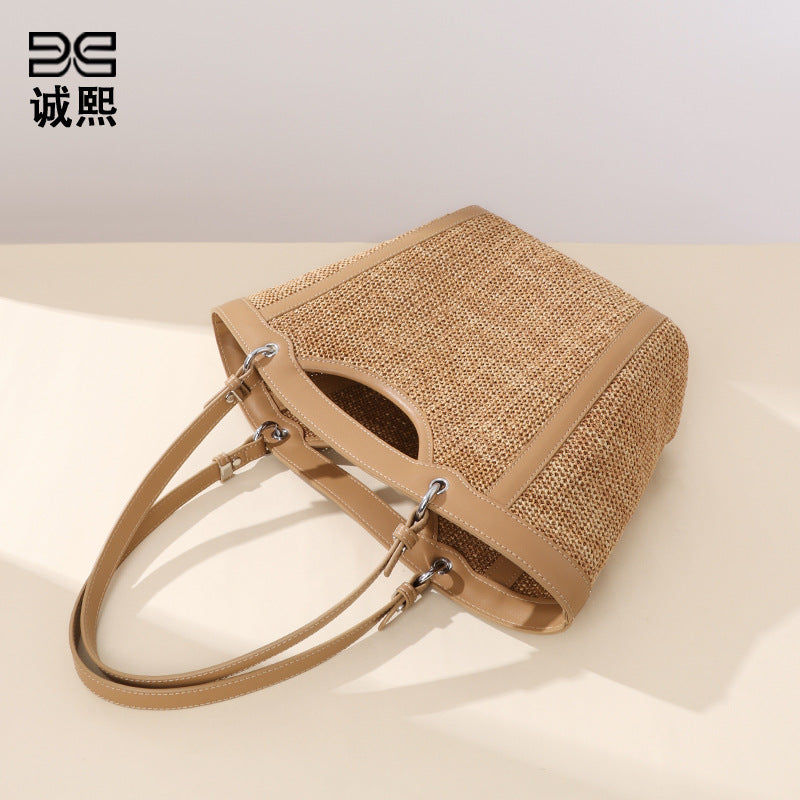 新款度假沙滩子母包草编菜篮子单肩女包时尚腋下包手拎编织托特包