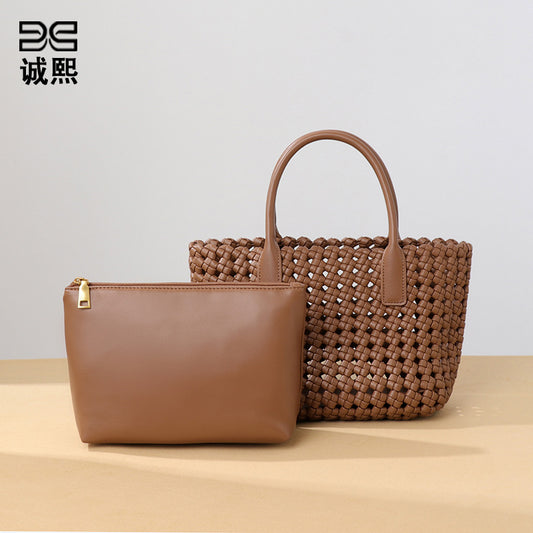 新款小众手提菜篮子女包个性风车结手工编织包复古休闲百搭子母包