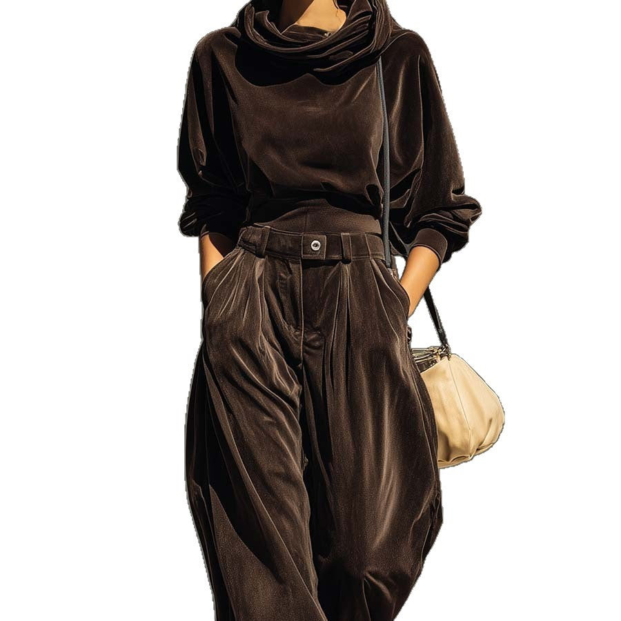2025新款亚马逊独立站丝绒连帽长袖加收脚长裤休闲套装女