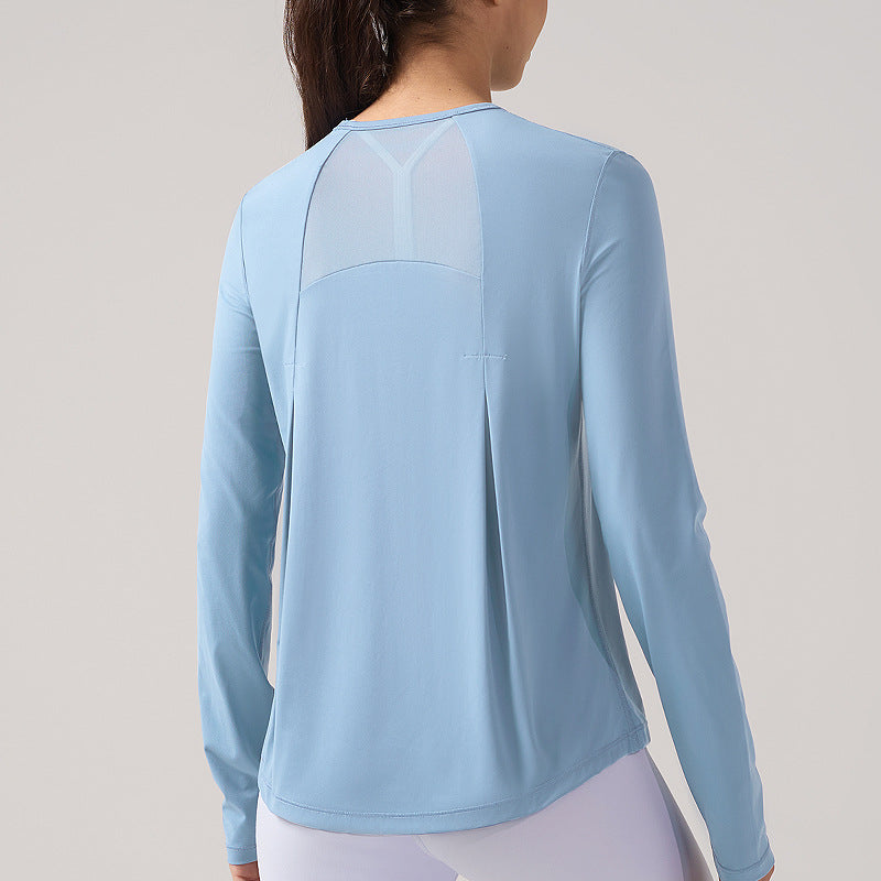 lulu网纱运动长袖女速干透气瑜伽服上衣圆领休闲T恤跑步健身罩衫