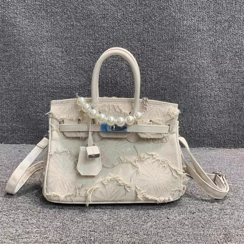 日韩潮包ins小众设计复古大容量链条串珠托特包牛仔布手提包包