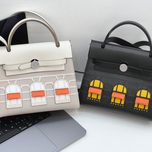 新款复古小房子包凯莉包时尚趣味撞色真皮小包包单肩斜挎牛皮女包