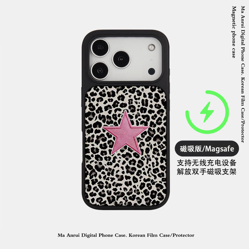 外贸豹纹星星适用苹果17pro晶瓷手机壳iPhone16亚克力PC磨砂防摔