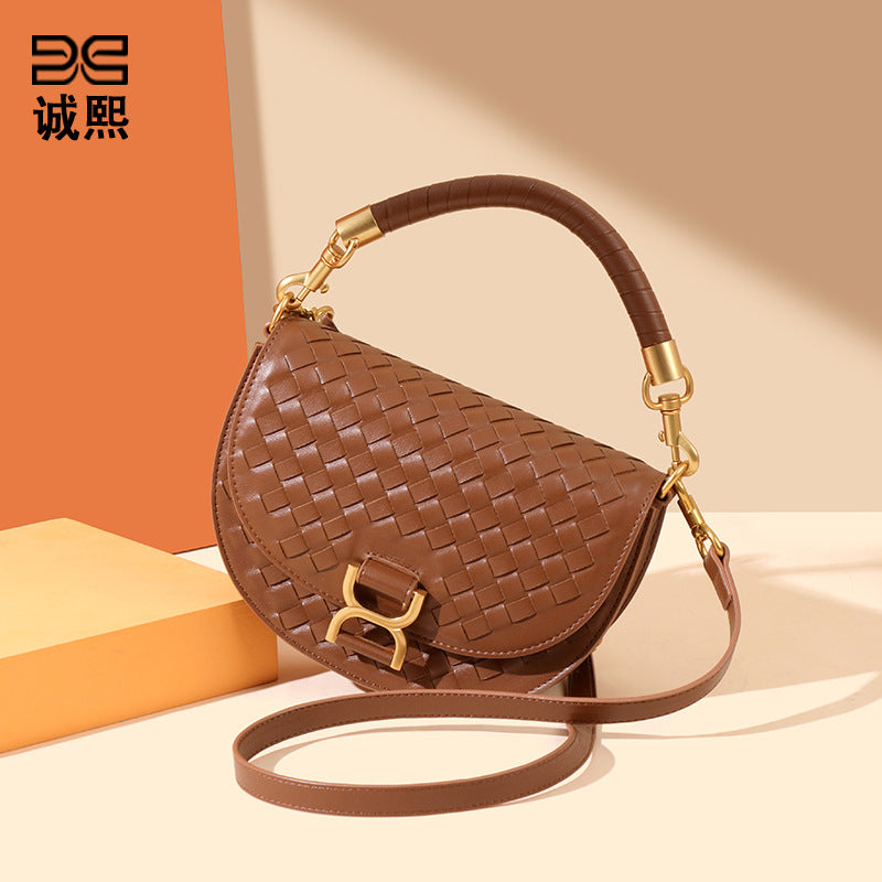 复古半圆编织马鞍包高级感定制单肩包金属扣手提包时尚潮流斜挎包