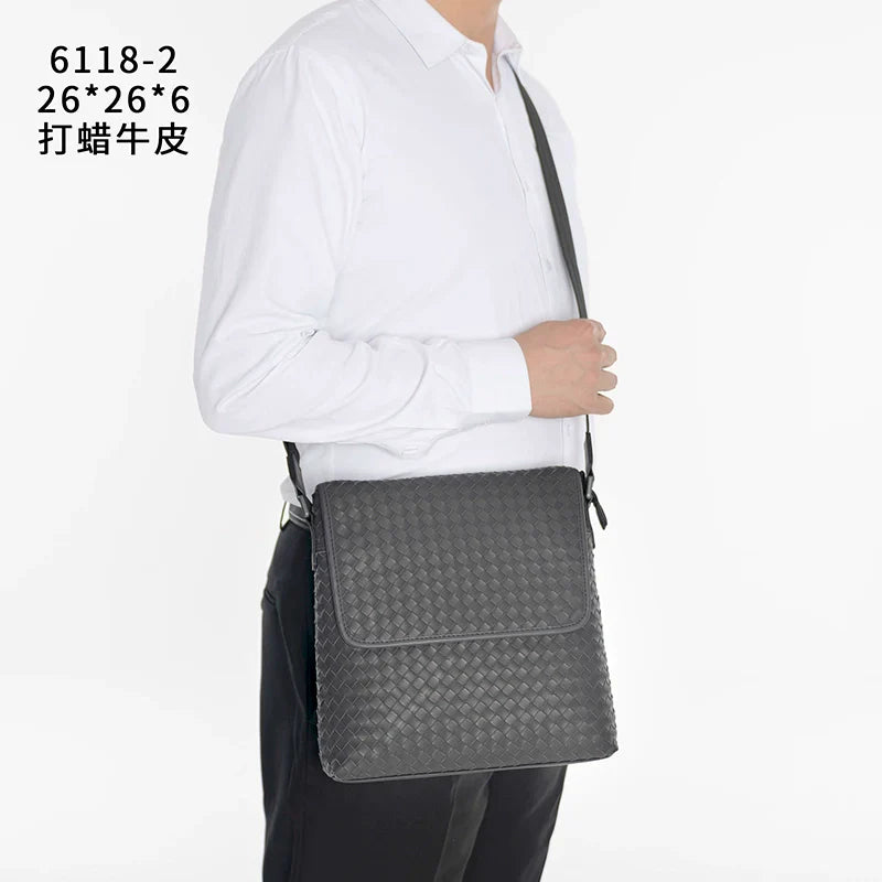 X&BV真皮男包单肩包编织翻盖竖款青年男士斜挎包包商务休闲小背包